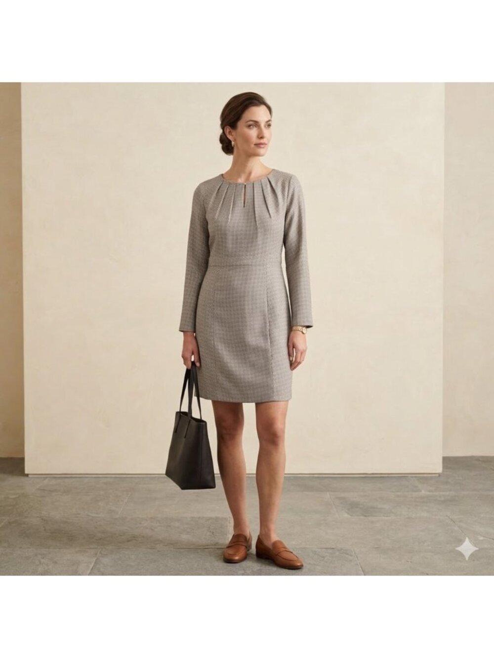 Johnnie-O Mulberry Silk Dress XXL Gray Houndstooth LS Pintuck Shift Retro Career - Picture 2 of 16